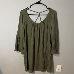 Aerie Cotton Blend Olive Boho Crocheted Cottagecore Tunic Dress Bell Sleeves